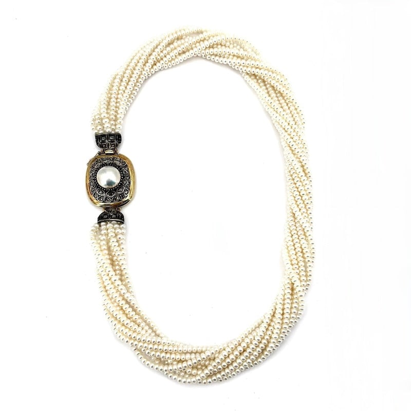 10-strand torchon necklace with micropearls and susta in diamond and mabe pearl style - 115.38 gr (1 of 8)