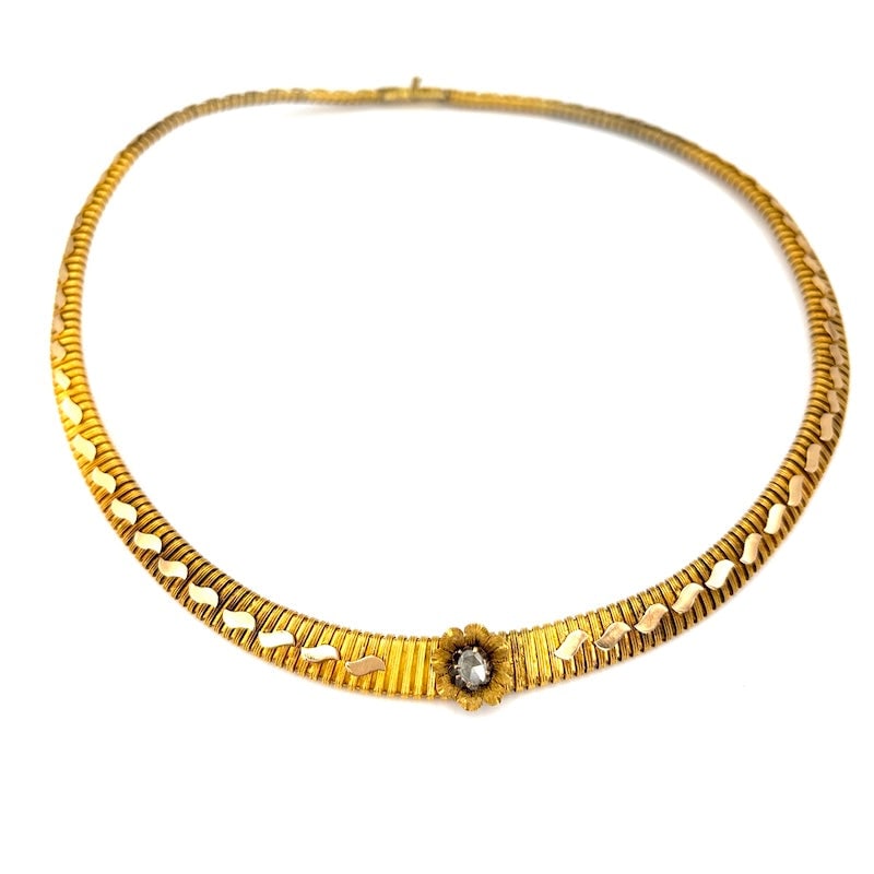 Vintage tubogas gold necklace with a rose-cut diamond stud; 17.31 g: Enchanting antique Tubogas necklace, with a rose-cut diamond, from the early 1900s, with an unmistakable style from times gone by! A refined touch of distinctive class, with incredible charm and chari