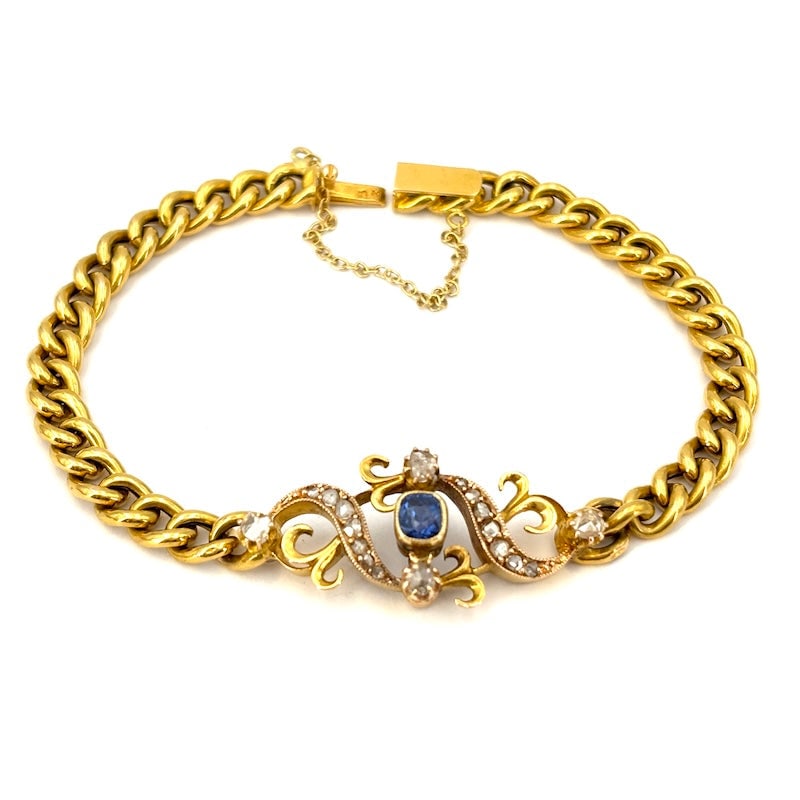Antique gold, sapphire, and diamond chain bracelet; 10.18 g (1 of 10)