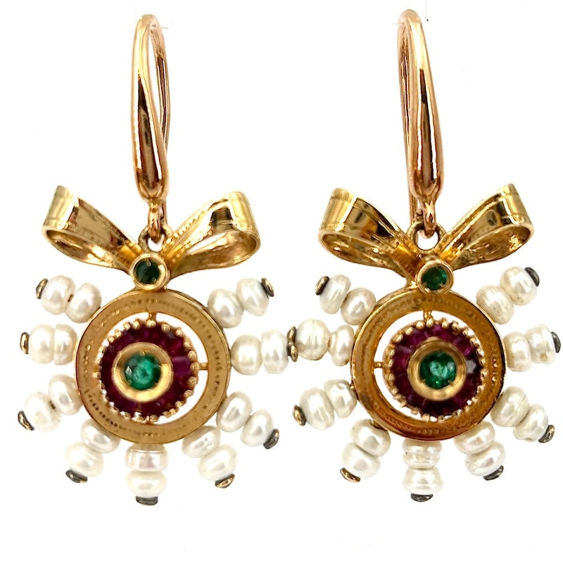 Micropearl, emerald, ruby, and gold drop earrings - 4.4 cm; 13.9 g (1 of 8)