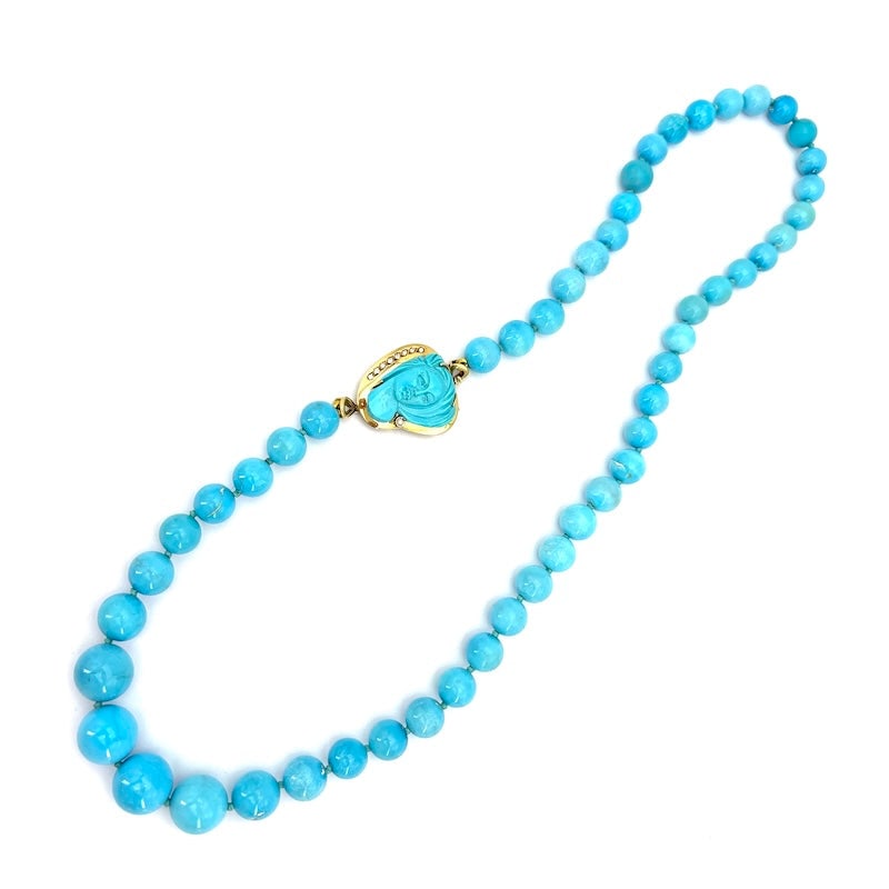 Turquoise sphere necklace, graduated and sculptured turquoise, diamonds and gold - 111.48 gr; 65 cm (1 of 9)