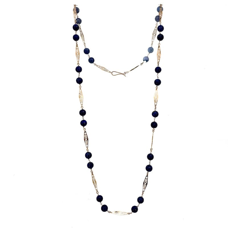 Long vintage necklace, lapis lazuli and alternating gold diamond chain - 95 cm; 56.12 g (1 of 9)