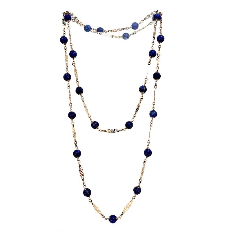 Long vintage necklace, lapis lazuli and alternating gold diamond chain - 120 cm; 60.38 g (1 of 9)