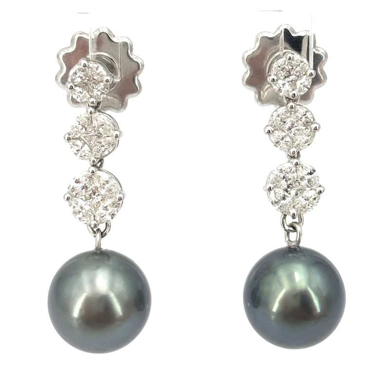 Tahitian pearl, daisy, diamond, and gold drop earrings - bargain! 9.65 g; 3.4 cm (1 of 6)