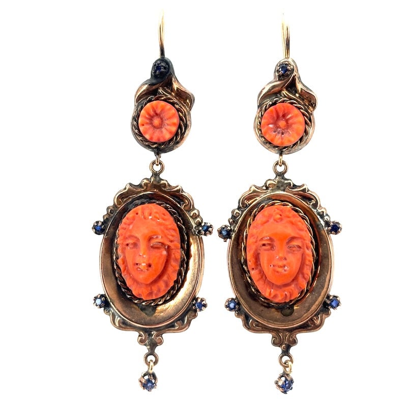 Antique-style artistic coral and gold cameo earrings, dangling - 7.3 cm; 12.46 g (1 of 8)