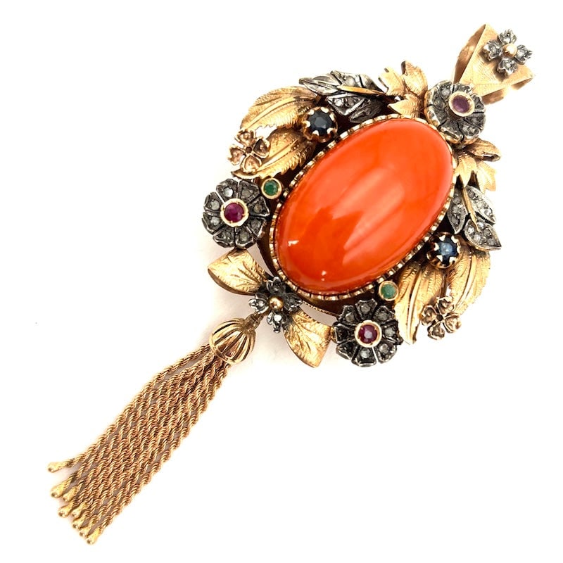 Vintage coral maxi masterpiece pendant, gold, silver and gems, antique style, with tassel; 53.49 gr (1 of 9)