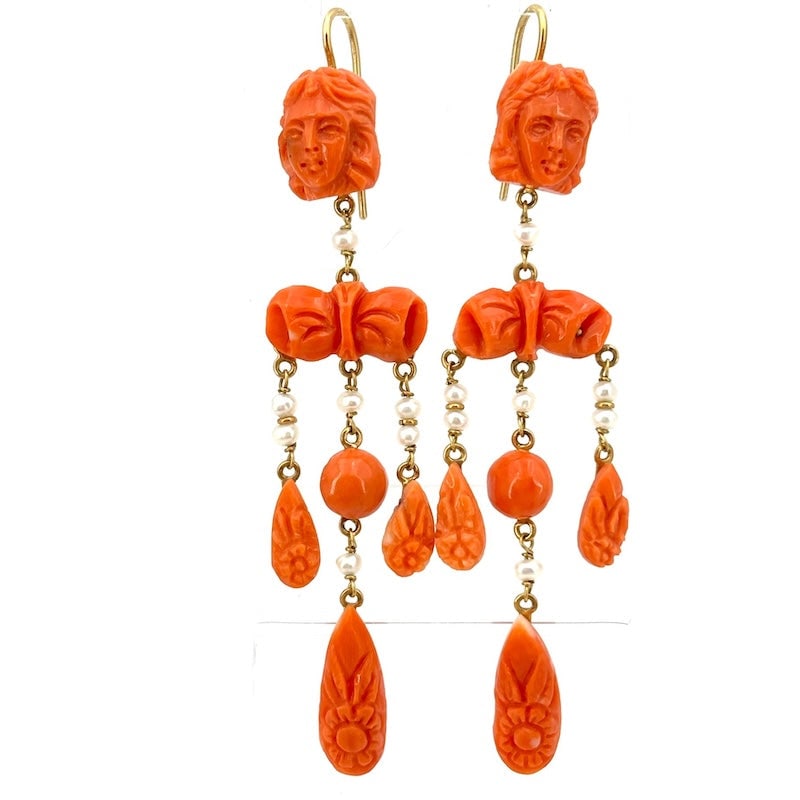 Handmade carved coral and gold earrings, vintage dangle earrings - 8.9 cm x 1.8 cm; 13.63 g (1 of 7)