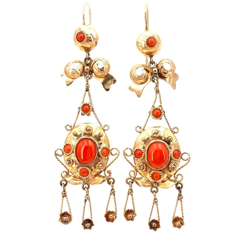 Vintage coral and gold bohemian drop earrings - 8.8 cm x 2.6 cm; 17.7 g (1 of 7)