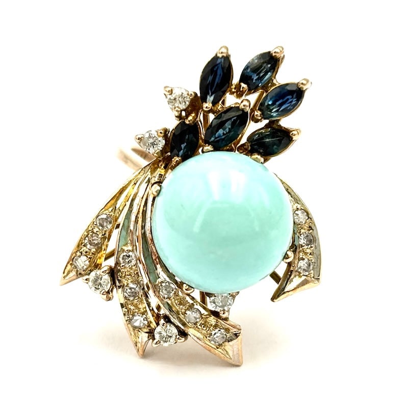 Vintage drape ring, turquoise, diamonds, sapphires and yellow gold; 7.07 gr (1 of 6)