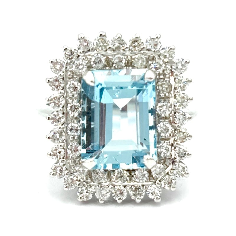Emerald-cut aquamarine and diamond ring, square patch, white gold; 5.74 gr (1 of 6)