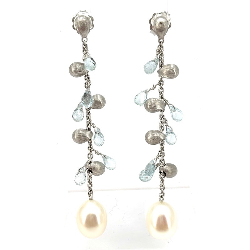 Marco Bicego earrings, aquamarine clusters, pearls, and white gold, pendants - 8.7 g; 6.5 cm: A fresh and sophisticated pair of drop earrings by Marco Bicego, featuring refined nuances of brioletted aquamarine combined with white gold and pearls, in light, mobile clusters. Back with pin and bu