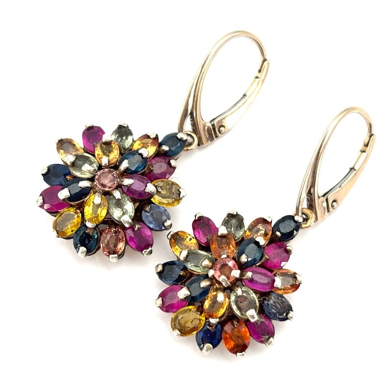 Multicolor sapphire and gold flower drop earrings; 3.5 cm - 9.22 g: Adorable 9kt gold and silver earrings with multicolored sapphire flowers. Closed leverback. A colorful and super affordable exquisiteness! Our company's certification is available for free upon reques