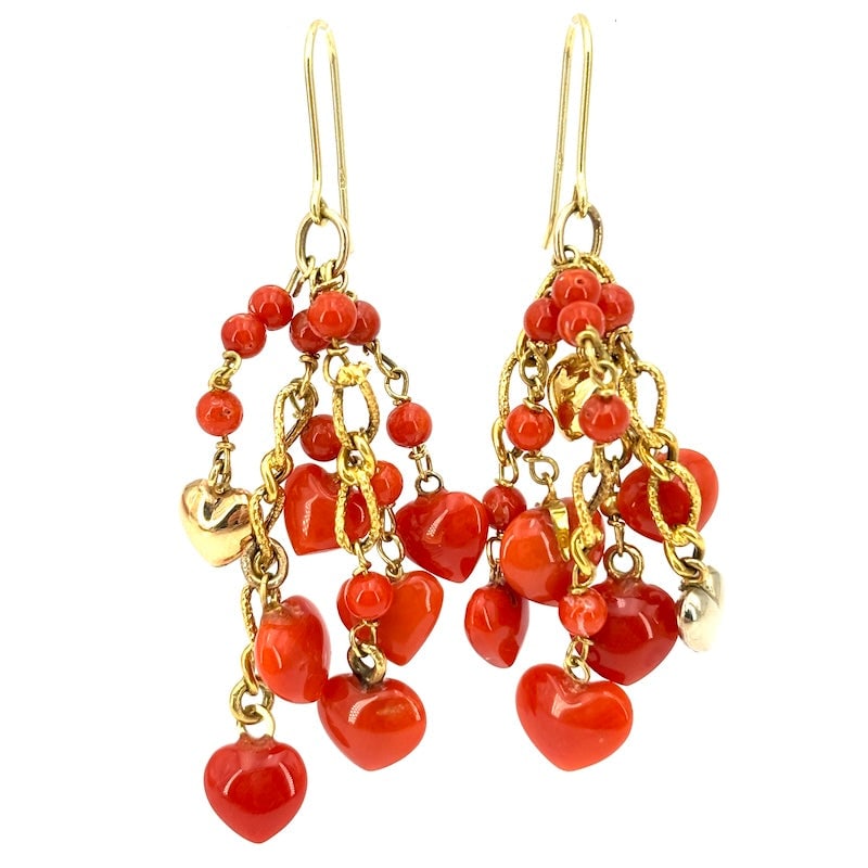 Coral and Gold Heart Cluster Chain Dangle Earrings - 6.4cm/6.7cm; 12.3g: A spectacular and youthful pair of cluster chain drop earrings, with coral and 18 kt gold hearts. Open hook back, for an adorable, romantic cascade of passion and freshness for the face! Our company's