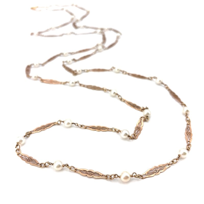 Very long vintage diamond-shaped chain necklace with alternating pearls and yellow gold, 168 cm;: Extraordinary long vintage diamond chain necklace in 9kt rose gold with alternating Akoya pearls. A retro-style jewel, a super chic and always on-trend navel necklace! Our company's certification is a