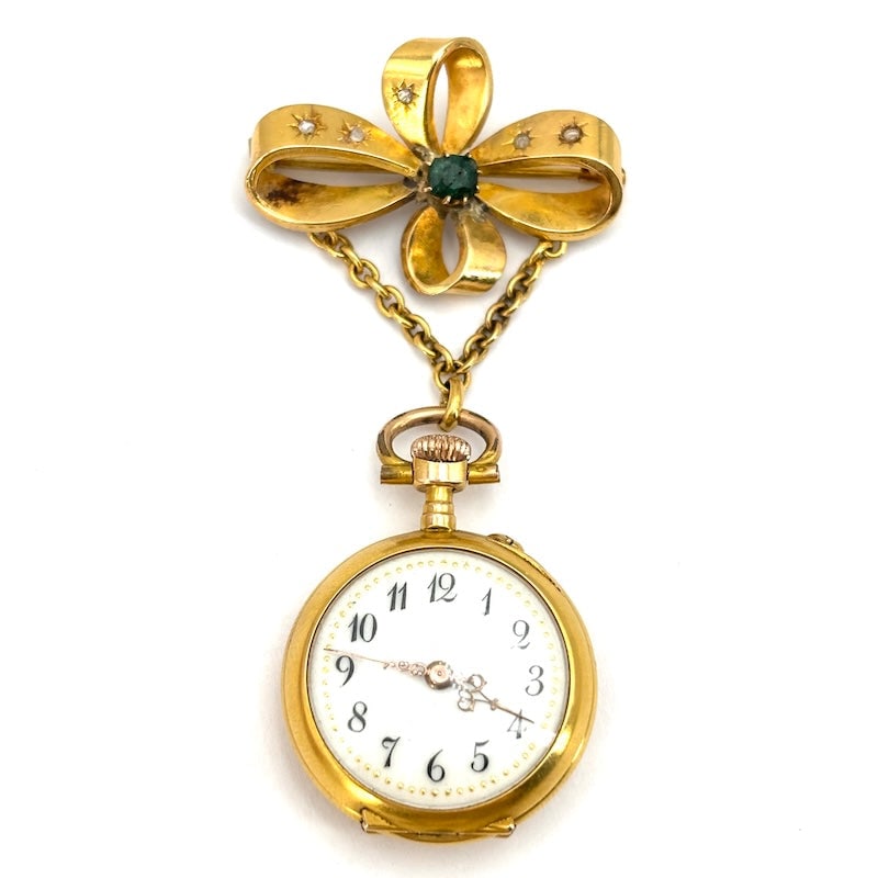 Vintage pocket watch pendant/brooch, 18kt yellow gold, engraved with enamel, diamonds; 18 gr: Superfine charm for this sensational one-of-a-kind pendant/brooch watch by Richard from the late 19th/early 20th century, cylinder movement, serviced, but guaranteed only as a jewel. Enamel workmanshi