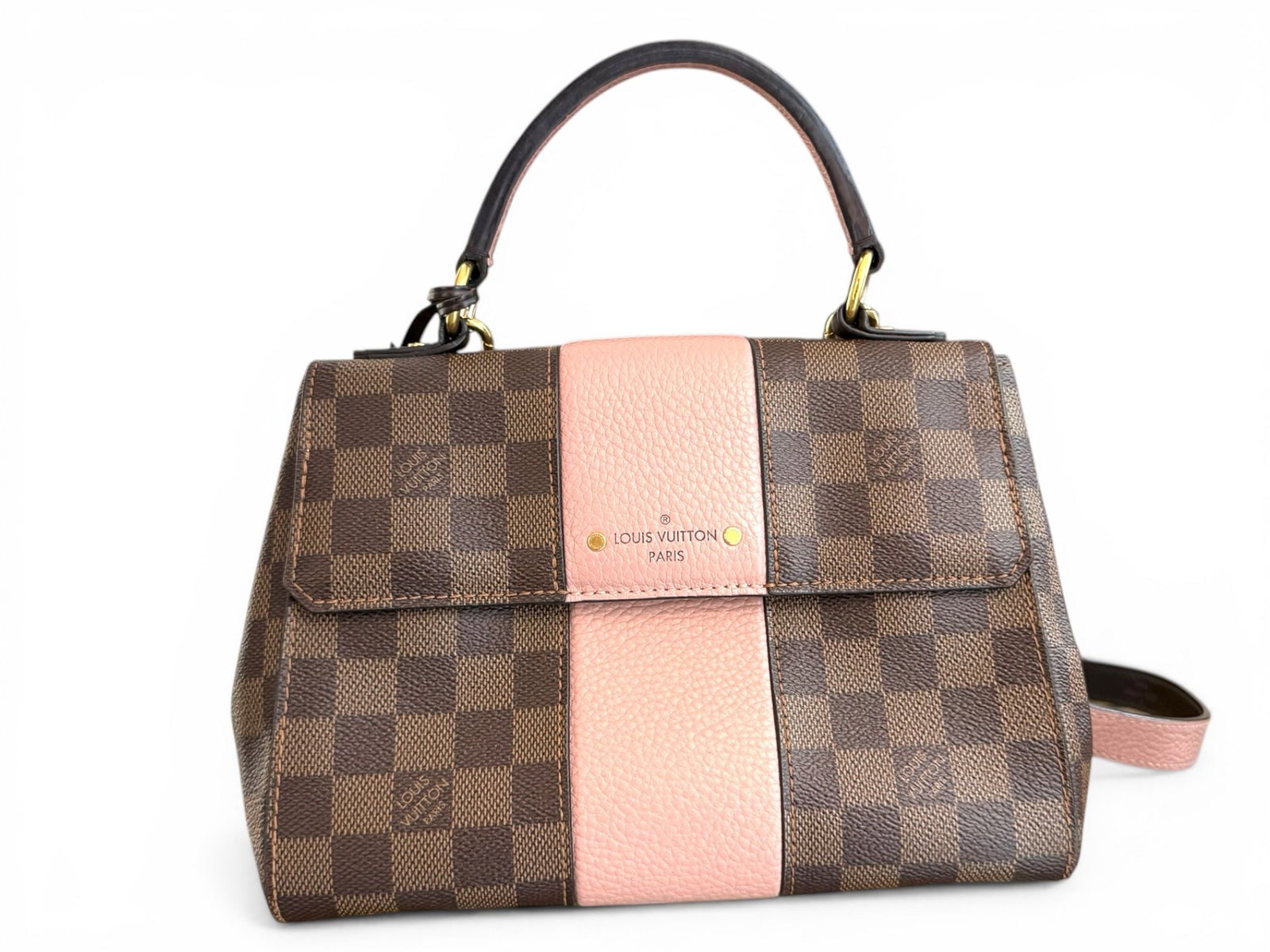 Louis Vuitton Bond Street MM Bag, Monogram and Pink, Elegant Chic Crossbody: A sophisticated Louis Vuitton Bond Street MM bag that blends iconic monogram canvas with soft pink leather accents, delivering refined luxury and modern style. Its structured silhouette and gold hardw