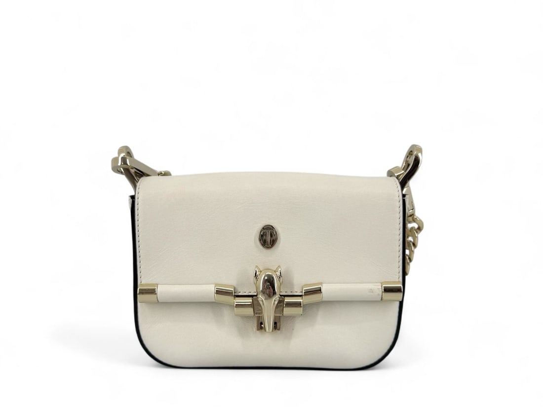 Chic Trussardi White Leather Mini Crossbody Bag - Authentic Luxury: Sophisticated Trussardi mini bag crafted from high-quality white leather for a polished aesthetic. Featuring sleek silver hardware, this compact crossbody exudes timeless Italian style and versatility