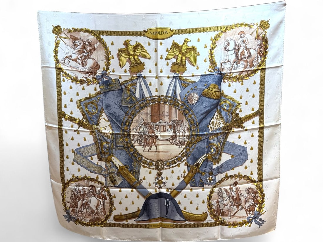 Hermes Napoleon Silk Foulard 1963 by Ledoux - Imperial & Boxed: Magnificent vintage Hermes foulard featuring the historic "Napoleon" design by Ledoux, dating back to 1963. Crafted from 100% silk, this 90x90 cm carre celebrates imperial grandeur with intricate moti