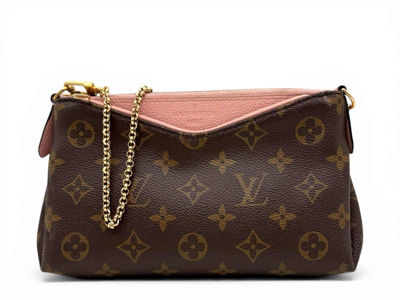 Louis Vuitton Pallas Clutch, Monogram and Pink, Elegant Chic Crossbody Bag: An elegant Louis Vuitton Pallas Clutch that combines iconic monogram canvas with soft pink leather accents, creating a perfect balance of sophistication and modern femininity. Its versatile and compac