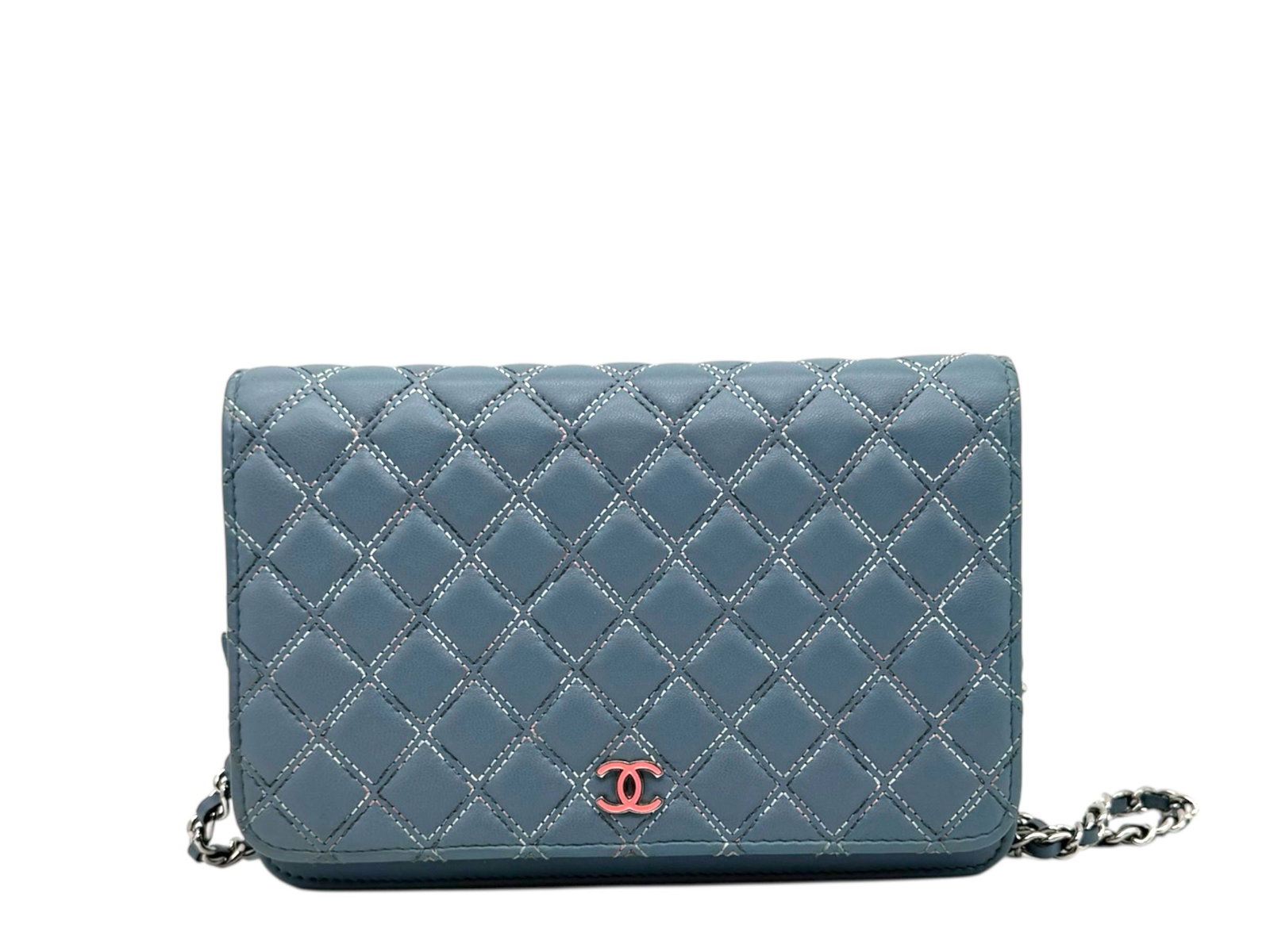 Chanel Wallet On Chain Elegant Light Blue Lambskin Chic Crossbody Ba: A refined symbol of timeless luxury, the Wallet On Chain enchants with soft light blue lambskin and signature silver hardware. Compact yet versatile, it offers sophisticated style and effortless elega