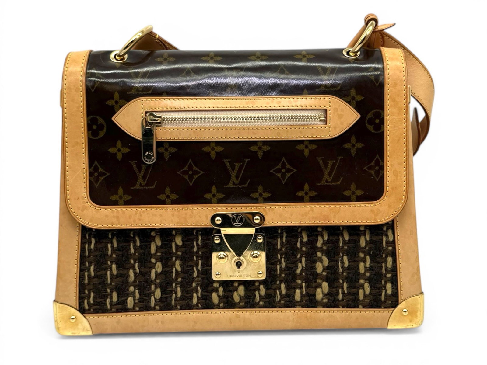 Louis Vuitton Twwedy GM Bag, Monogram, Chic and Elegant Tweed Shoulder Bag: A stylish Louis Vuitton Twwedy GM bag that blends iconic monogram Vernis with textured tweed, creating a distinctive and refined luxury design. Its spacious silhouette and gold hardware make it a prac