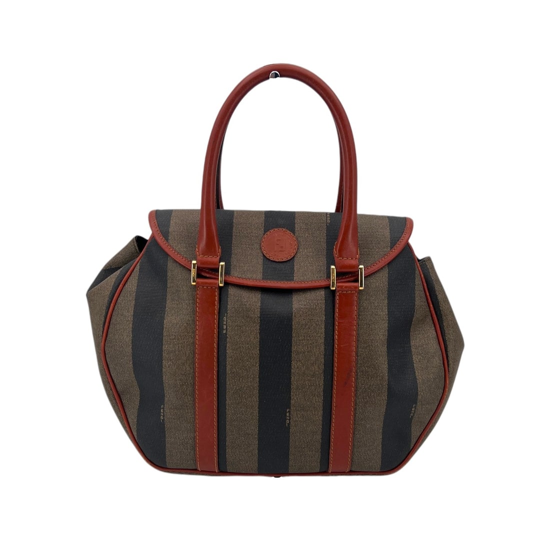 Fendi Vintage Cloth Handbag Pequin Satchel: Step into the world of 1980s Italian glamour with this Fendi Vintage Pequin Satchel, a true testament to the brand's enduring legacy. Crafted in Italy from durable brown Pequin vinyl canvas, this medi