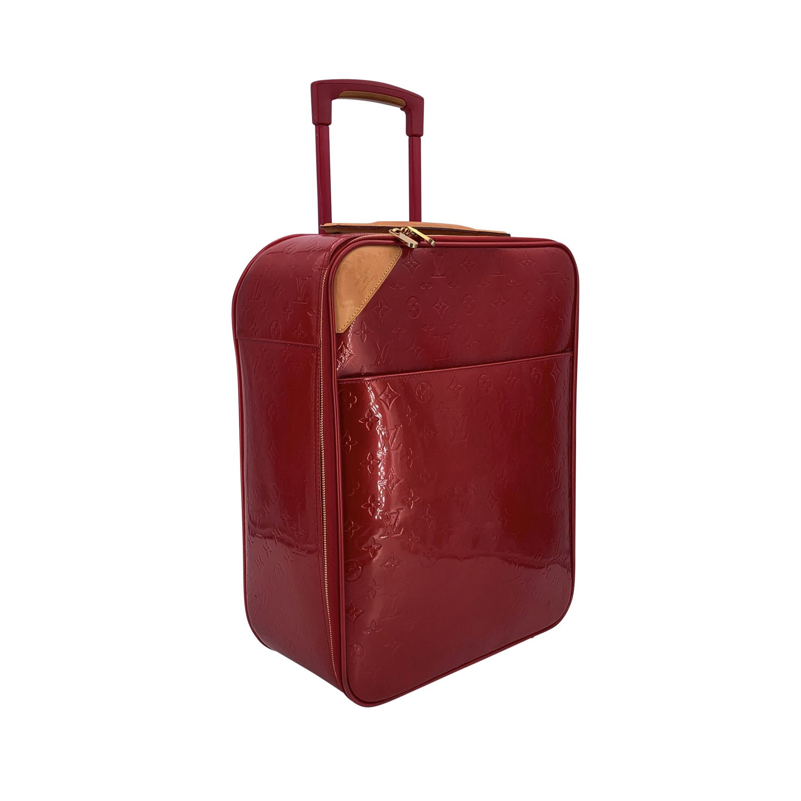 Louis Vuitton Patent leather Luggage Pegase: Gorgeous Louis Vuitton PEGASE 45 Roller Luggage. This sophisticated and practical suitcase is crafted in stunning red Monogram vernis patent leather and tan leather trim. It features a front pocket, t