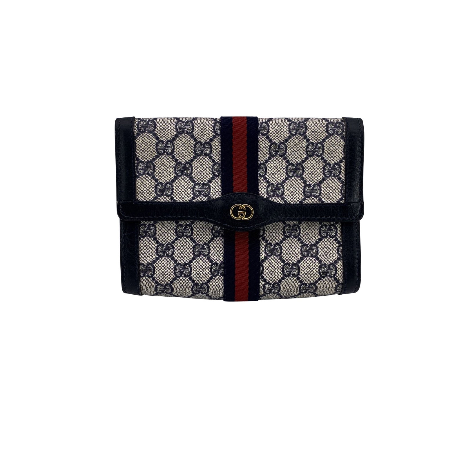 Gucci Cloth Clutch Bag: Gucci Vintage small flap cosmetic bag with stripes. Blue monogram canvas with blue genuine leather trim. Blue/Red/Blue stripes around the bag. GG - GUCCI logo on the front. Flap with button closure