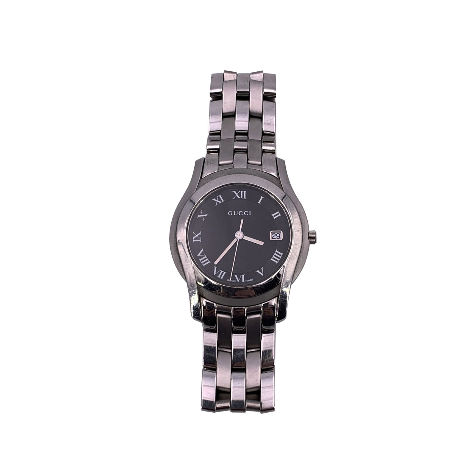 Gucci Steel Watch GTimeless: Gucci silver tone stainless steel wrist watch, mod. 5500 M. Black Dial. Date at 3 o' clock. Sapphire crystal. Swiss Made Quartz movement. Gucci written on face. Roman numbers. Gucci crest on the