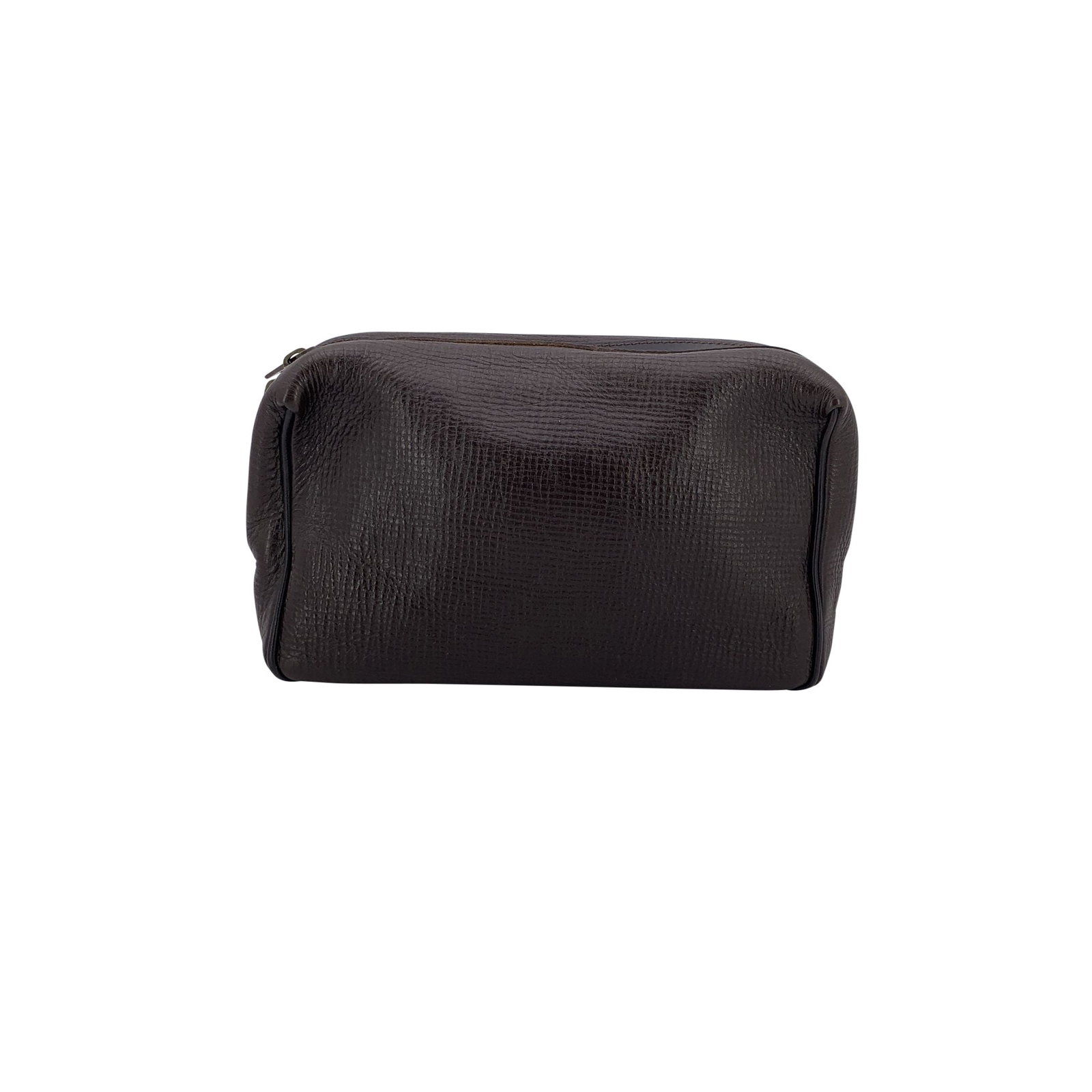 Louis Vuitton Leather Clutch Bag Trousse de Toilette: This Louis Vuitton Utah "True Toilet" bag is a compact, coffee-colored cosmetic case crafted entirely from textured leather. Designed to suit both men and women, it features an upper zipper closure th