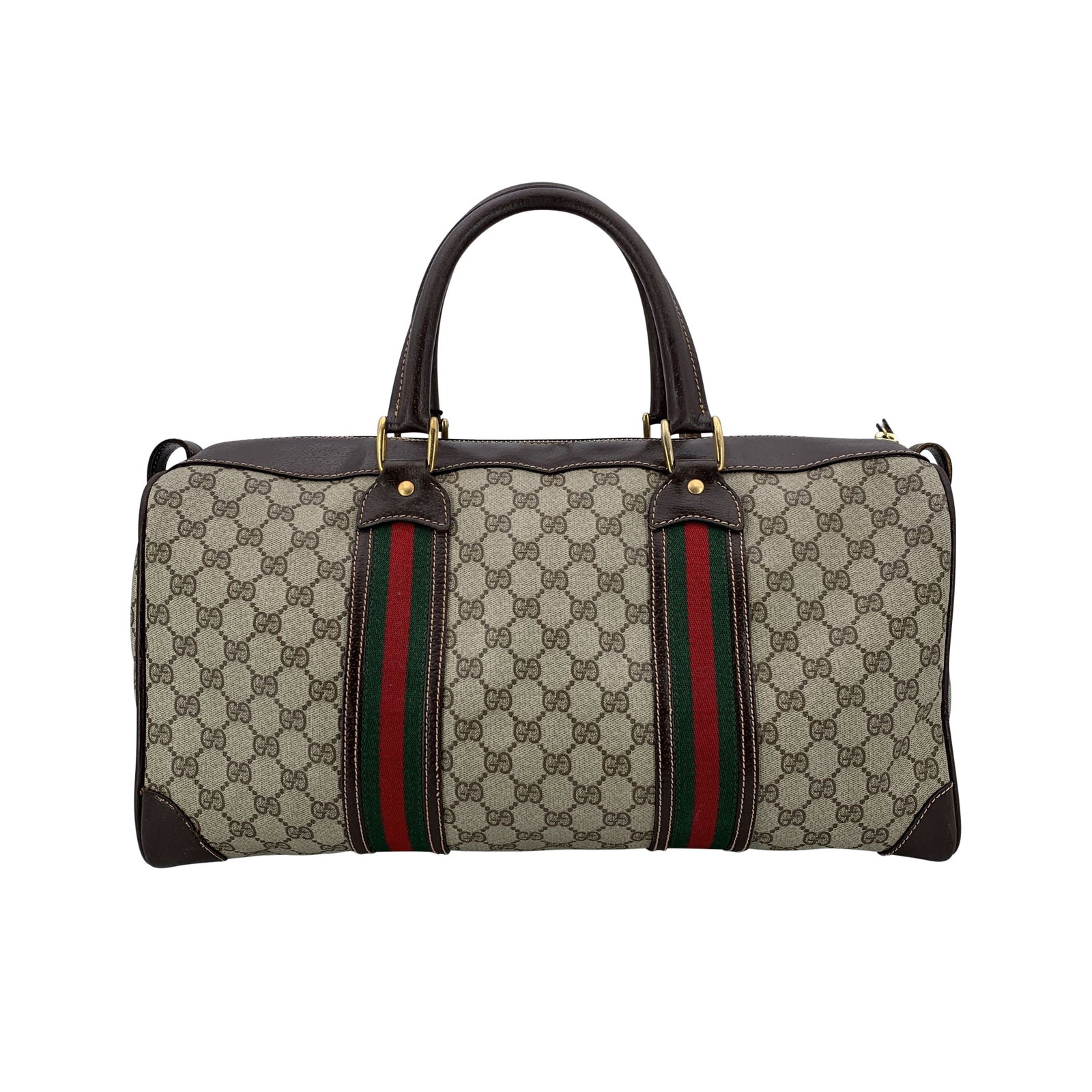 Gucci Vintage Cloth Luggage Ophidia Boston: This Gucci Vintage Monogram Canvas Leather Web Duffle Boston Bag is crafted in durable brown monogram canvas and finished with smooth leather trim, it carries the signature Gucci Web detailing that in