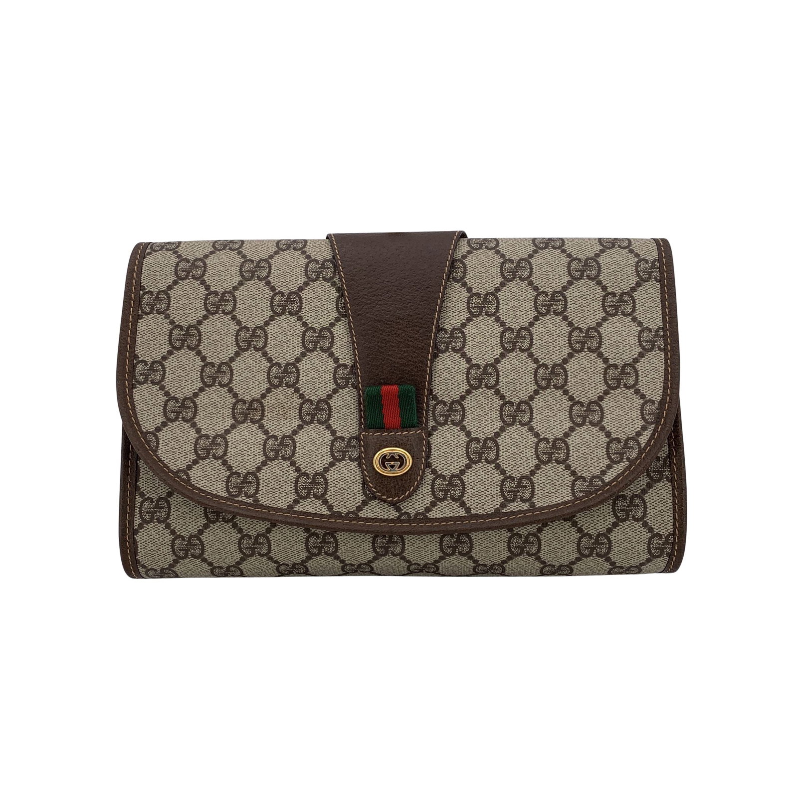 Gucci Vintage Cloth Clutch Bag Ophidia: Elevate your accessory game with this stunning Gucci Vintage Brown Monogram Canvas Cosmetic Bag Clutch, a true testament to the brand's iconic craftsmanship. Designed with a chic beige and brown monog