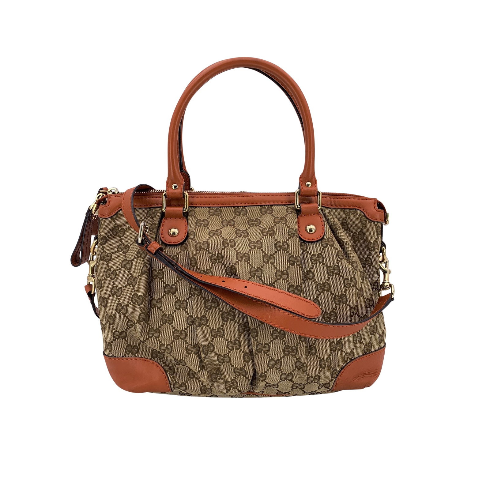 Gucci Cloth Tote Bag Sukey: The Gucci Sukey Shoulder Bag is a timeless piece that captures the refined spirit of early 2000s Gucci design. Crafted from beige GG monogram canvas with orange leather trim, this model (2000-2015) bl