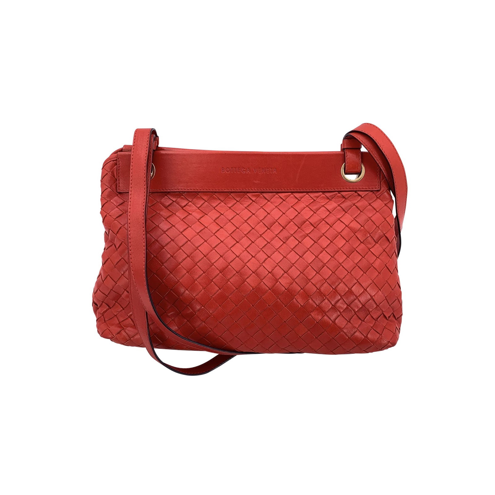 Bottega Veneta Leather Tote Bag Intrecciato: Elegant Bottega Veneta red Intrecciato woven tote bag, crafted from the house's signature nappa leather. This timeless design features two shoulder handles and a magnetic button closure on top. The in