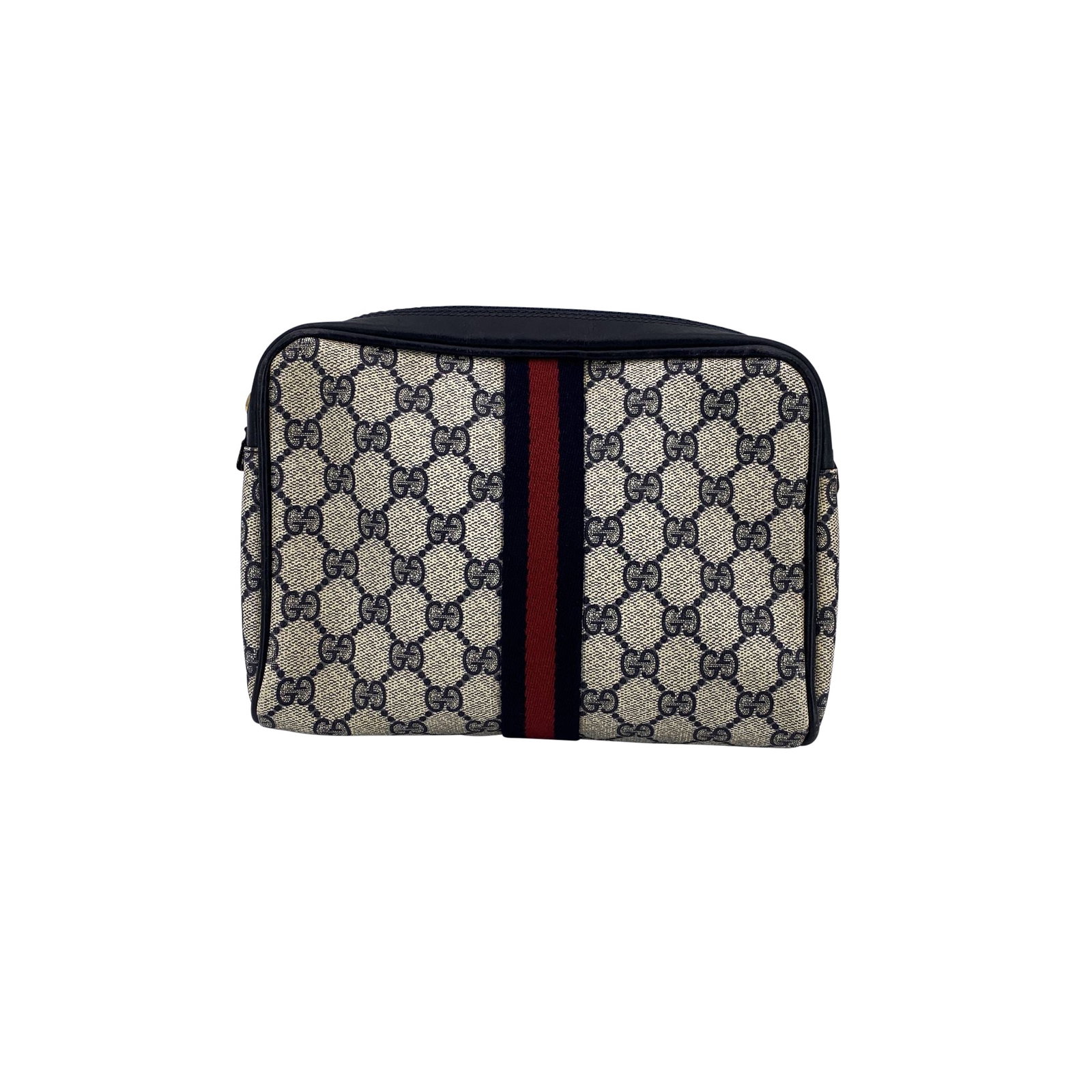 Gucci Vintage Cloth Clutch Bag Ophidia: A timeless nod to Gucci's heritage, this Vintage Gucci Monogram Zip Cosmetic Bag Clutch effortlessly combines style and function. Crafted in classic monogram canvas with rich blue tones, it's accented