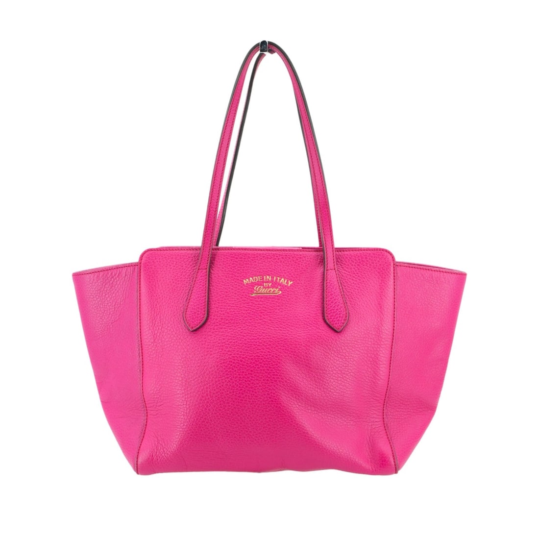 Gucci Leather Tote Bag Swing: The Gucci Swing tote is a modern classic that beautifully captures the essence of Italian craftsmanship. Crafted in Italy between 2010 and 2019, this medium-sized handbag is made from premium fuchsia 