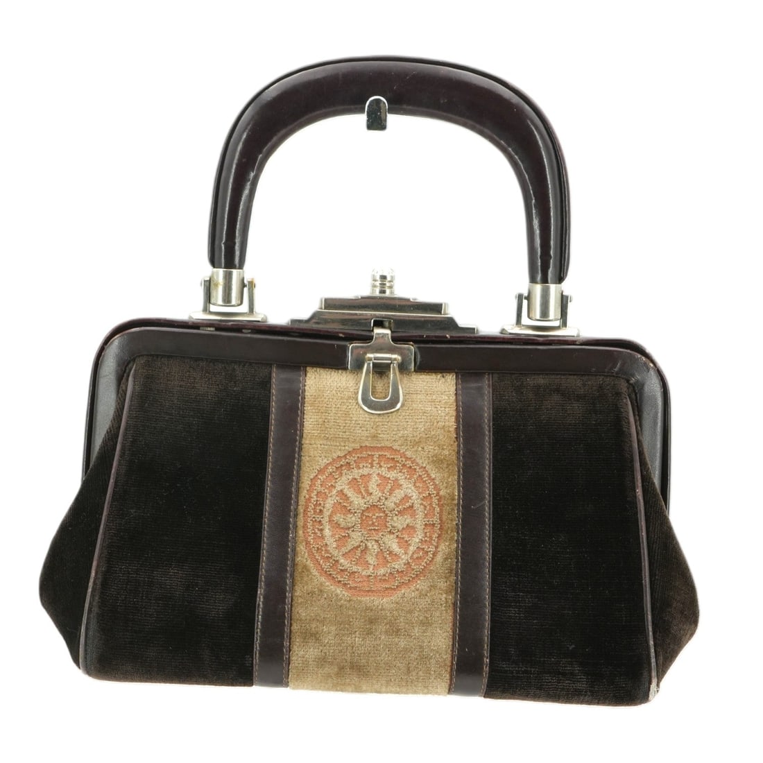 Roberta Di Camerino Vintage Velvet Handbag Bagonghi: Step into the elegance of the 1960s with this exquisite Roberta Di Camerino Bagonghi doctor bag, a true icon of vintage luxury. Handcrafted in Italy, this small-sized handbag is a masterpiece of textu