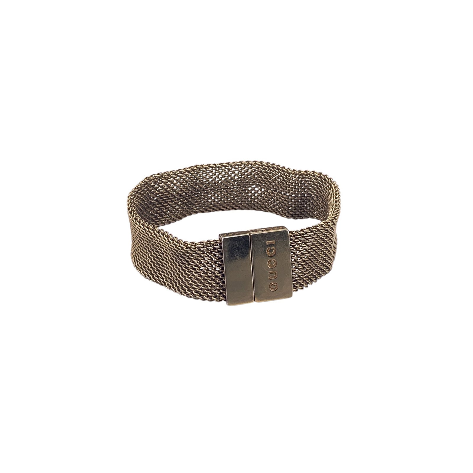 Gucci Vintage Metal Bracelet: Vintage beautiful Mesh Link bracelet by Gucci. Made in gold metal steel, features an gold metal clasp. Will fit up to approx. 6.5 inches - 16 cm wrist. Width: 0.75 inches - 2 cm. 'Gucci - made in Ital