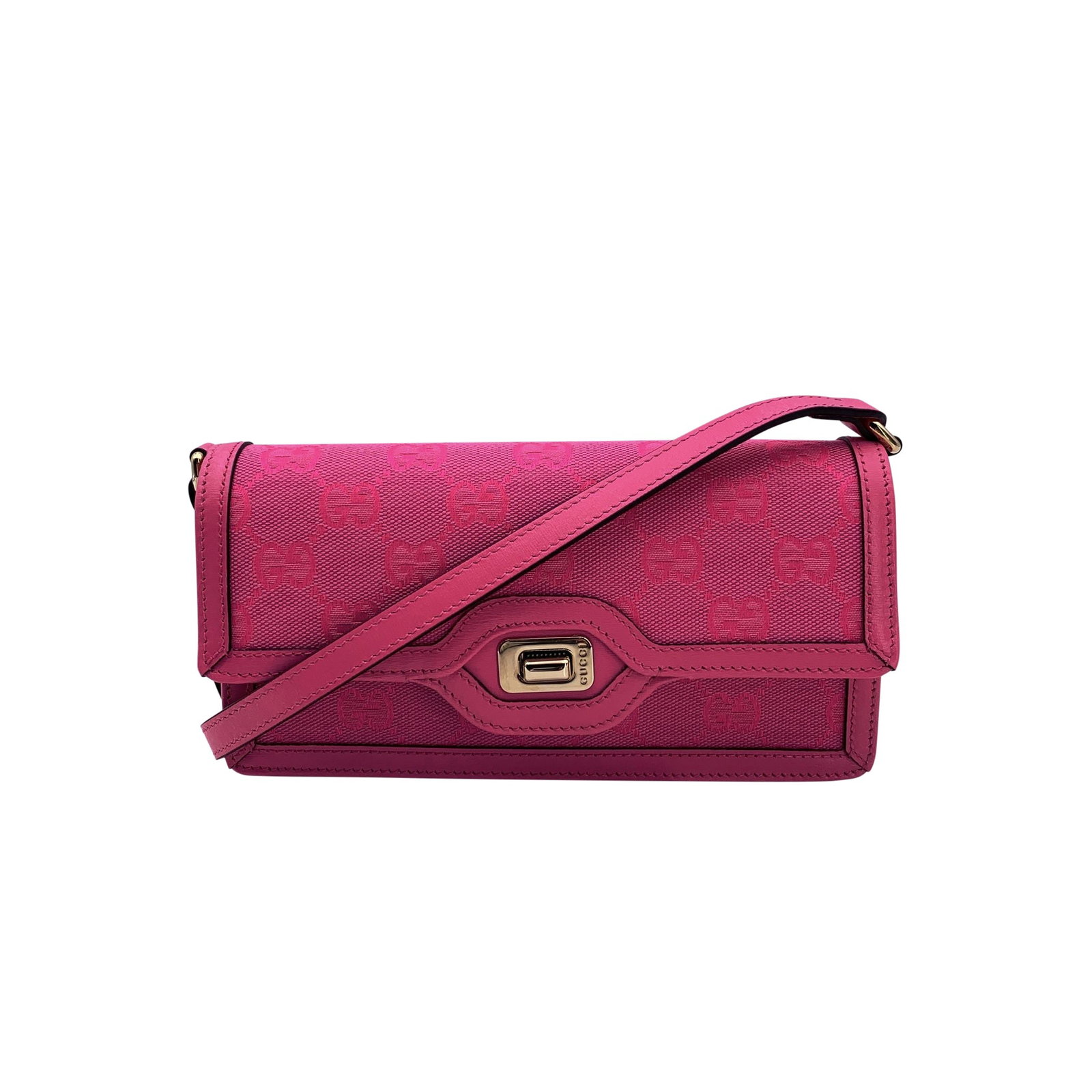 Gucci Cloth Shoulder Bag: Bold, playful and unmistakably Gucci, this Gucci Pink Monogram Canvas and Leather Luce Mini Shoulder Bag is a true statement piece from the brand's more experimental and fashion-forward side. Made in 