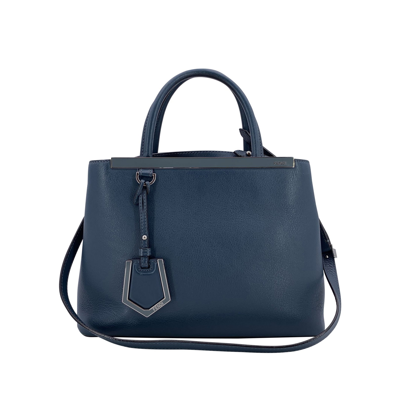 Fendi Leather Tote Bag 2Jours: Discover timeless sophistication with the Fendi blue leather 'Petite 2Jours' tote bag-a masterpiece that combines sleek design with functional elegance. This structured tote is crafted from premium bl