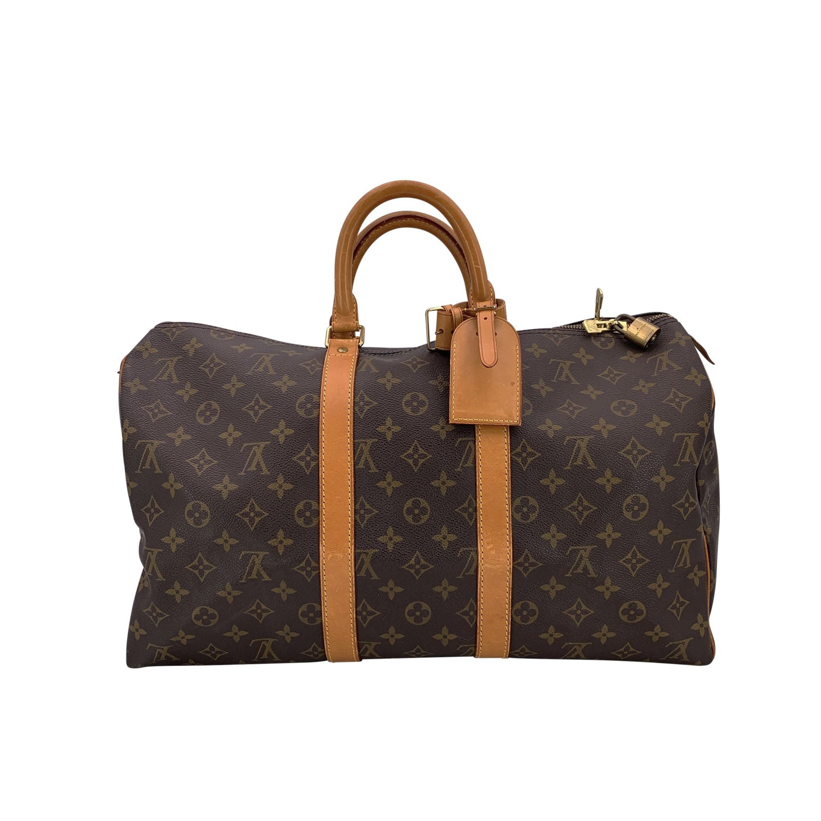 Louis Vuitton Vintage Cloth Luggage Keepall: The Louis Vuitton Keepall 45 in Monogram Canvas is a timeless and iconic handbag, beloved for its elegant design and practical size. Crafted from Louis Vuitton's signature brown Monogram coated canvas