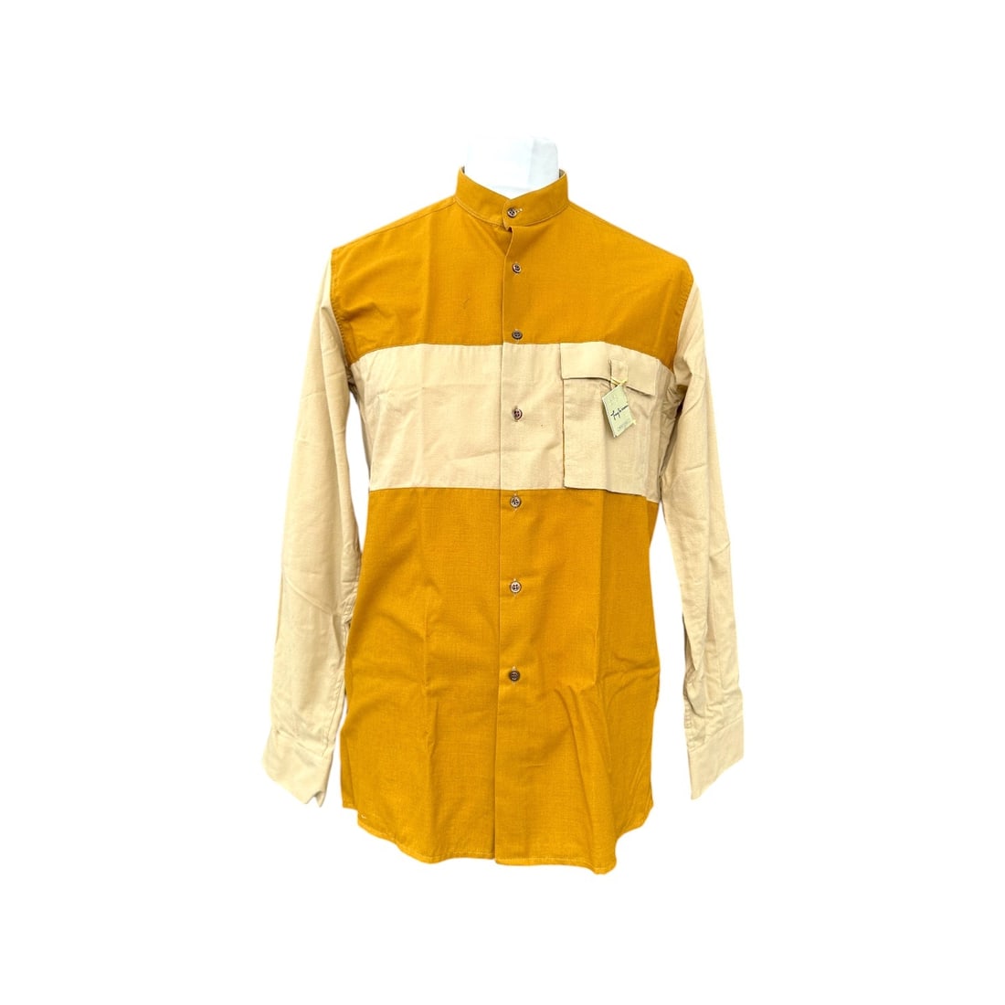 Inghirami Vintage Cotton Shirt Unisex Shirt: A rare vintage gem by Fabio Inghirami. This unique long-sleeve shirt features a striking color-block design in mustard yellow and beige. With its minimalist Mandarin collar and clean lines, it?s a sta