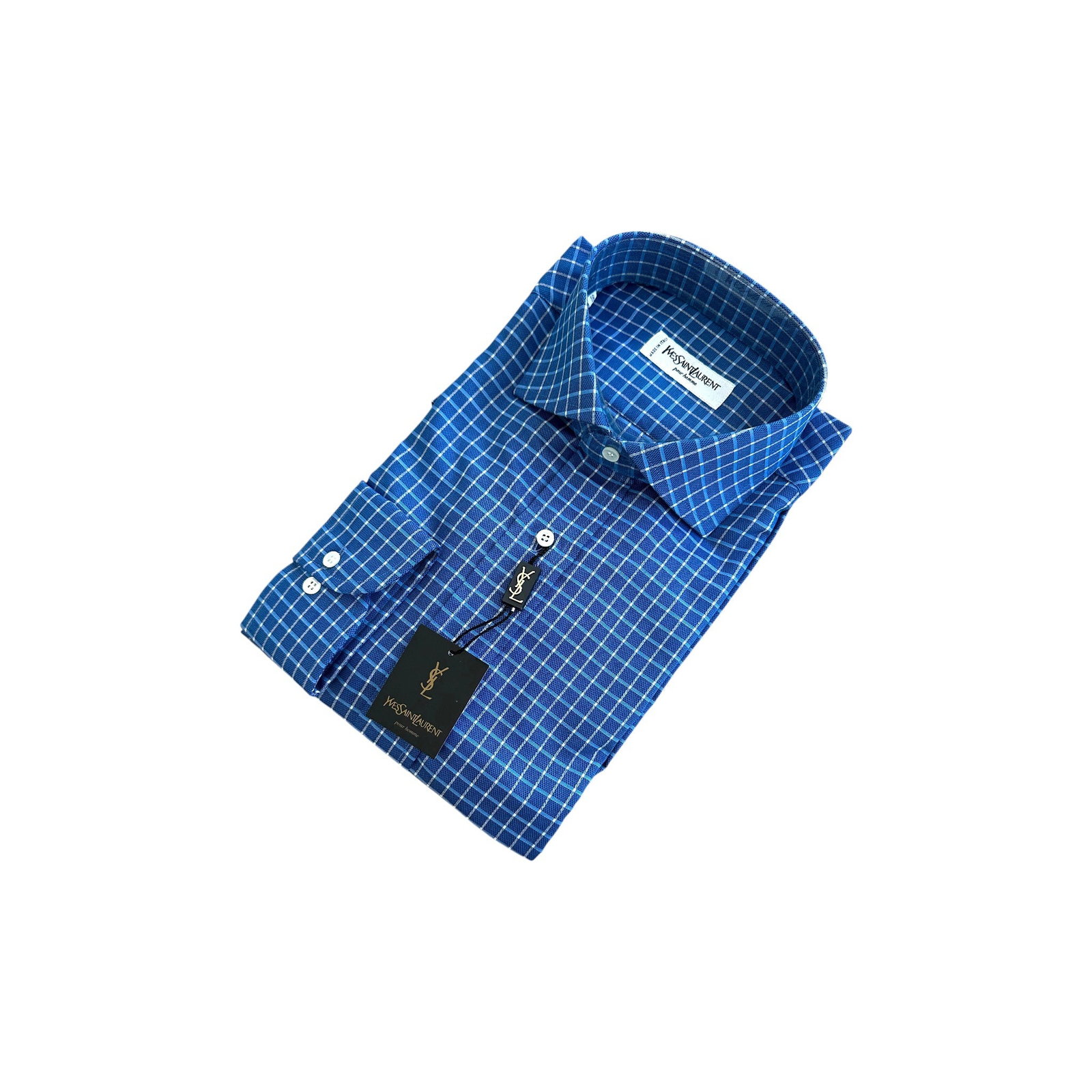 YVES SAINT LAURENT VINTAGE COTTON SHIRT UNISEX SHIRT: Embrace the timeless sophistication of the 1990s with this vintage Yves Saint Laurent long-sleeve shirt. Expertly crafted in Italy from premium blue cotton, this piece features a classic tartan patter