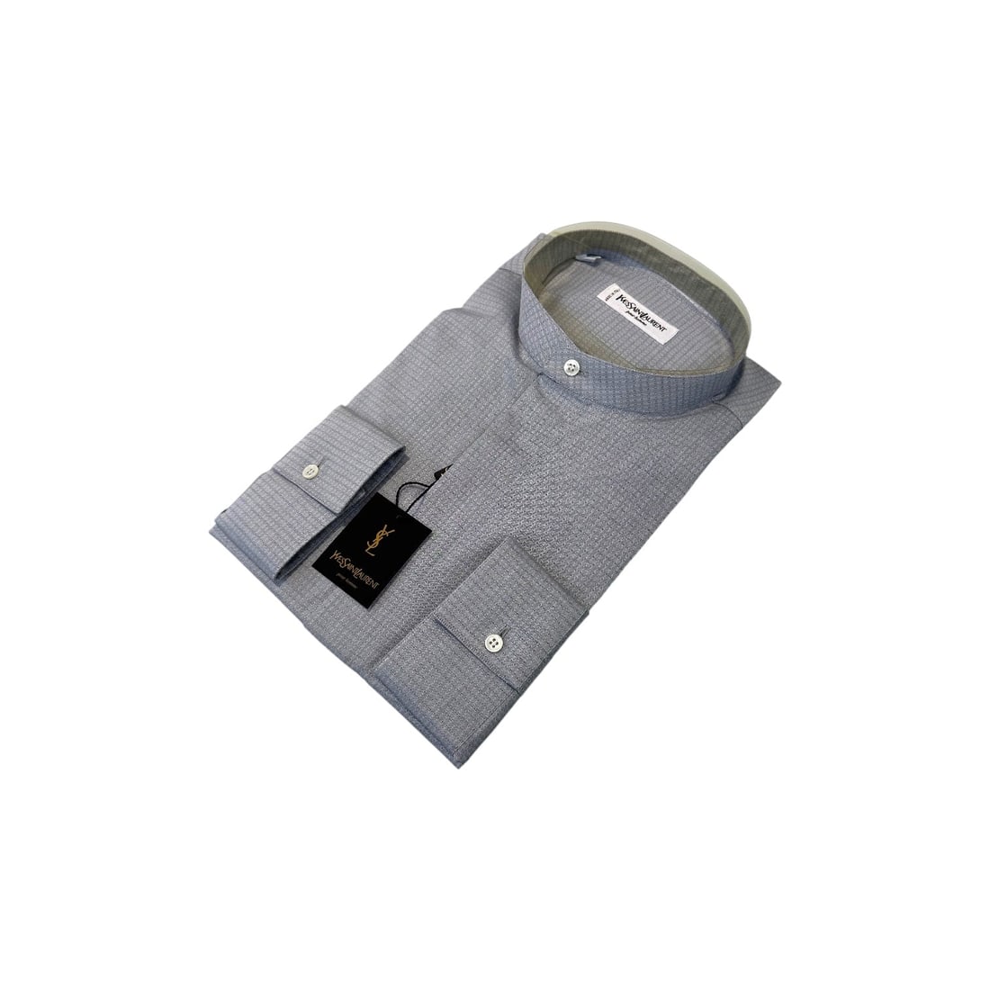 YVES SAINT LAURENT VINTAGE COTTON SHIRT UNISEX SHIRT: This incredibly rare vintage Yves Saint Laurent long-sleeve shirt stands out with its elegant band collar (colletto alla coreana) and a sophisticated micro-textured pinpoint pattern in a refined grey/