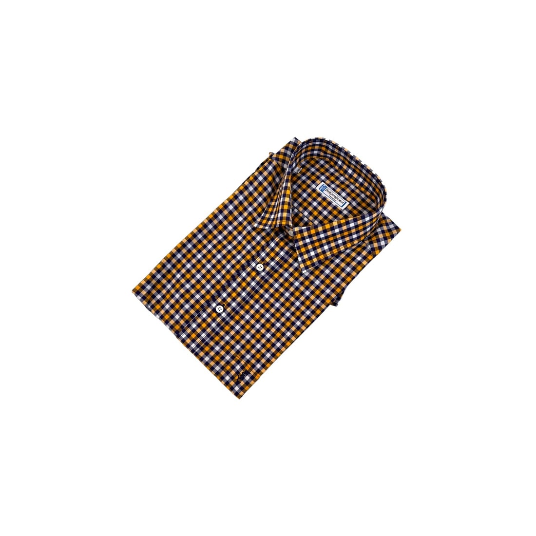 YVES SAINT LAURENT VINTAGE COTTON SHIRT UNISEX SHIRT: This vibrant vintage Yves Saint Laurent long-sleeve shirt showcases a bold and stylish tricolor gingham (Vichy) pattern in an eye-catching palette of ochre mustard, deep black, and crisp white. A rare