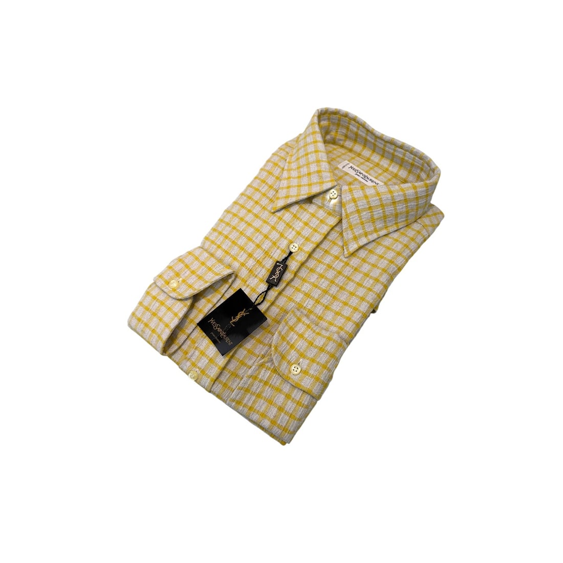 YVES SAINT LAURENT VINTAGE COTTON SHIRT UNISEX SHIRT: This delightful vintage Yves Saint Laurent long-sleeve shirt is a masterclass in textile sophistication and luxury. It features a charming gingham / small plaid pattern in a warm sun yellow and soft b