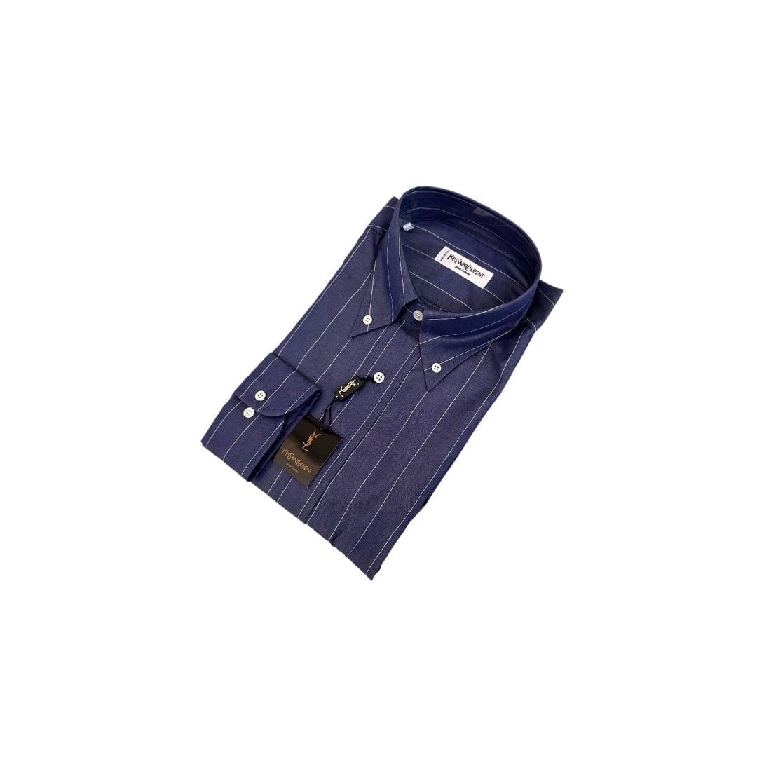 YVES SAINT LAURENT VINTAGE COTTON SHIRT UNISEX SHIRT: This immaculate vintage Yves Saint Laurent long-sleeve shirt is a masterclass in classic tailoring and androgynous elegance. It features a rich, deep navy blue base accented by crisp, thin vertical wh