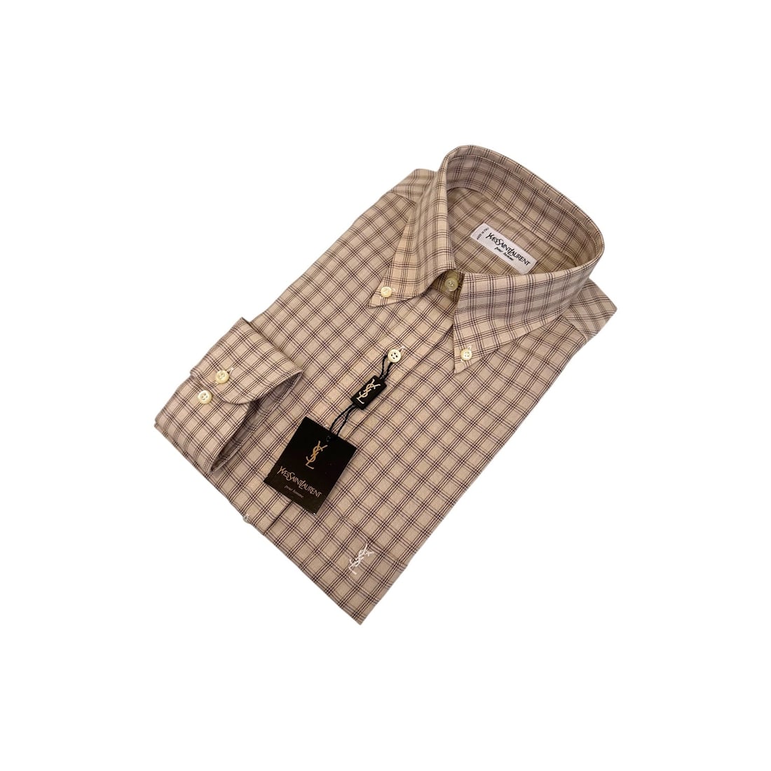 YVES SAINT LAURENT VINTAGE COTTON SHIRT UNISEX SHIRT: This sophisticated vintage Yves Saint Laurent long-sleeve shirt is a testament to timeless European heritage and impeccable archival tailoring. It features a refined Glen plaid / Tattersall check patt
