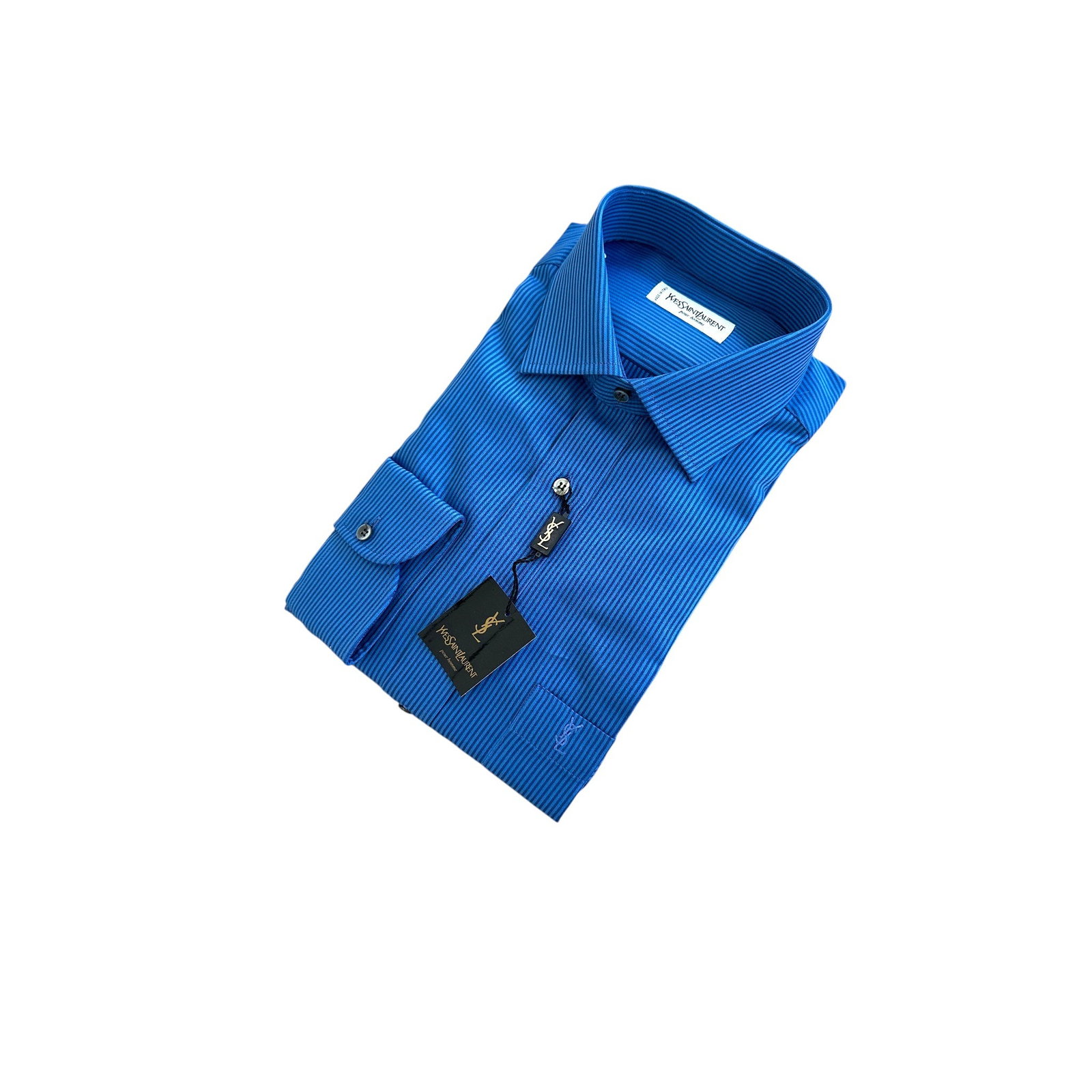 YVES SAINT LAURENT VINTAGE COTTON SHIRT UNISEX SHIRT: This breathtaking vintage Yves Saint Laurent long-sleeve shirt is an absolute showstopper, presented in a rare and vibrant electric cyan blue. A pristine New With Tags (NWT) find from an exclusive dea
