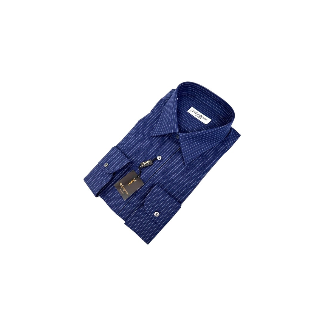 YVES SAINT LAURENT VINTAGE COTTON SHIRT UNISEX SHIRT: TThis pristine vintage Yves Saint Laurent long-sleeve shirt is a striking staple of high-end corporate luxury and archival tailoring. It features a deep, saturated navy blue base adorned with crisp, u